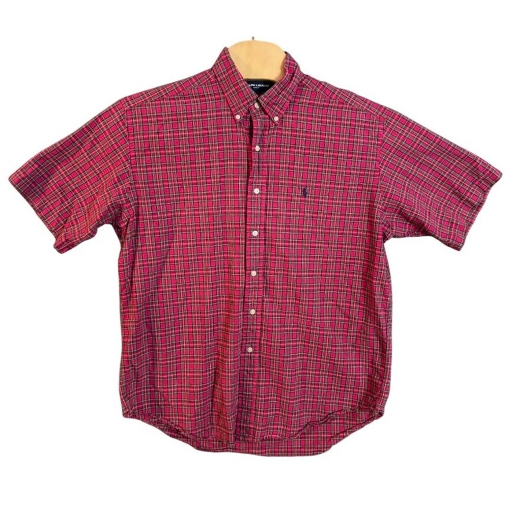 Ralph Lauren Golf Tilden Mens Large Pink Plaid Cotton Short Sleeve Button Down